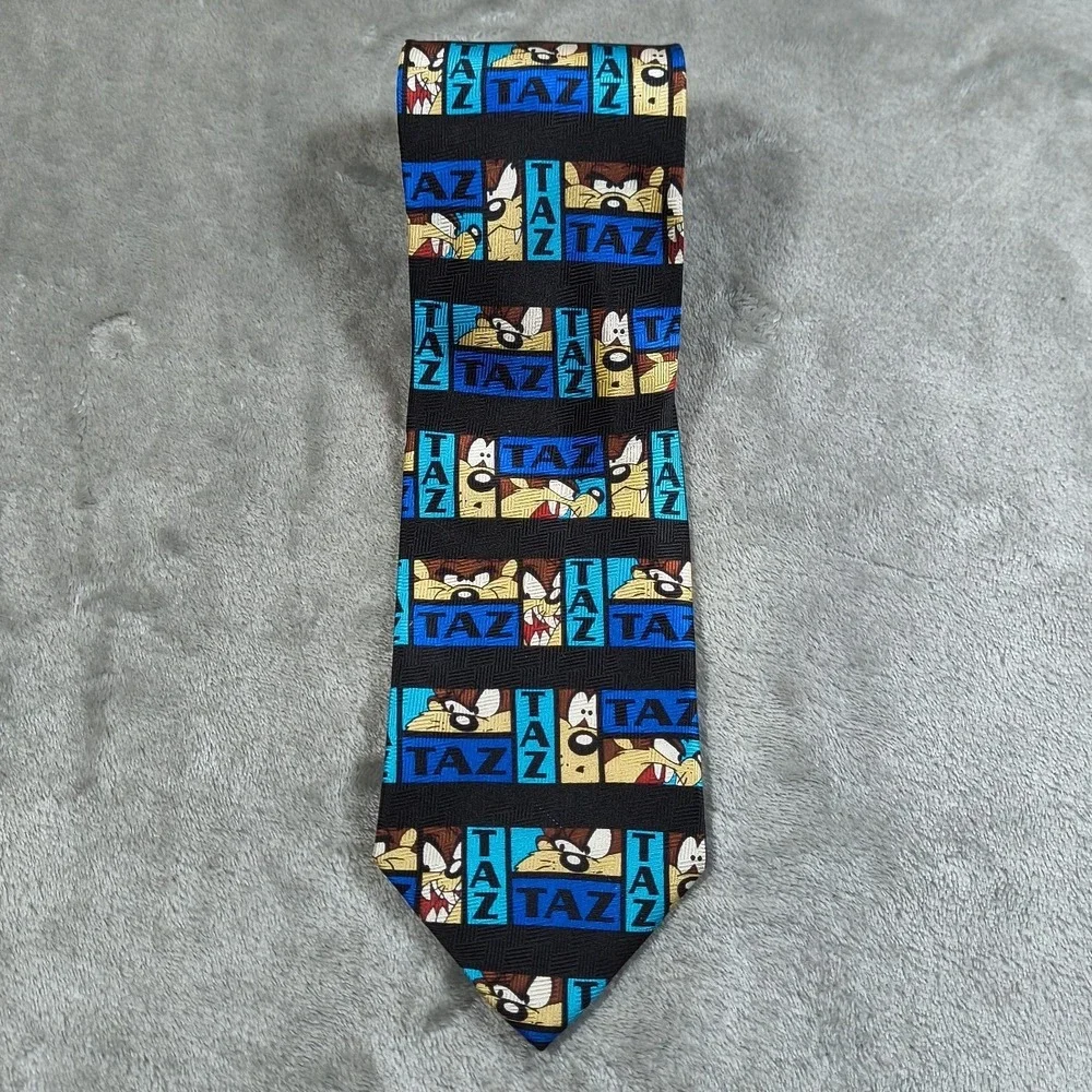Vintage‎ Tazmanian Devil Tie Mens Black Blue Silk Made Korea 90s Warner Bros New